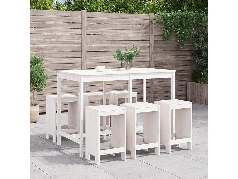 Set de mesa y taburetes altos jardín 7 piezas madera pino blanco