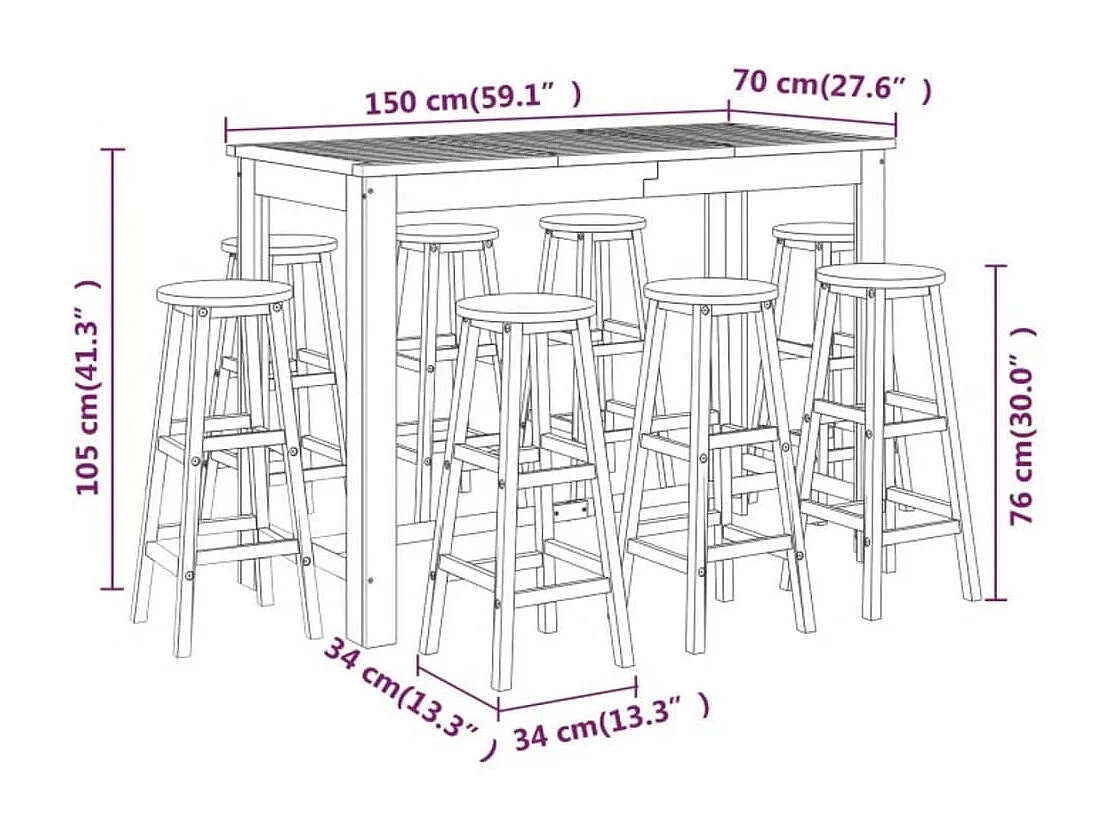 9 peças conjunto de bar para jardim madeira de acácia maciça