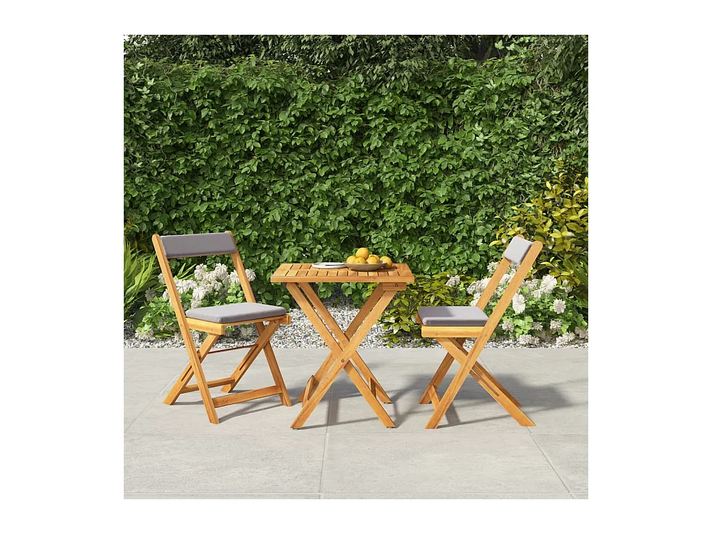 Ensemble de bistro pliable 3 pièces avec coussins Acacia solide
