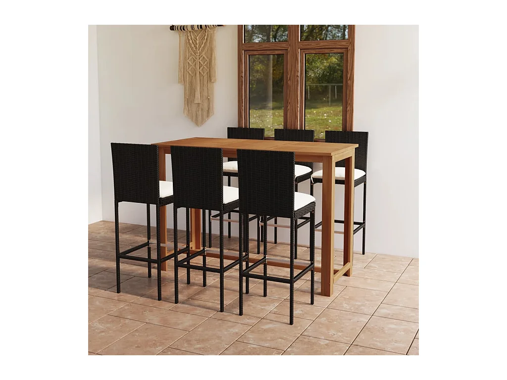Conjunto de bar para jardín 7 piezas con cojines negro