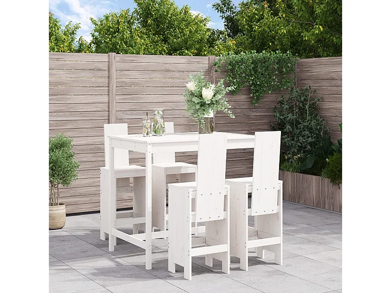 Set de mesa y taburetes altos jardín 5 piezas madera pino blanco