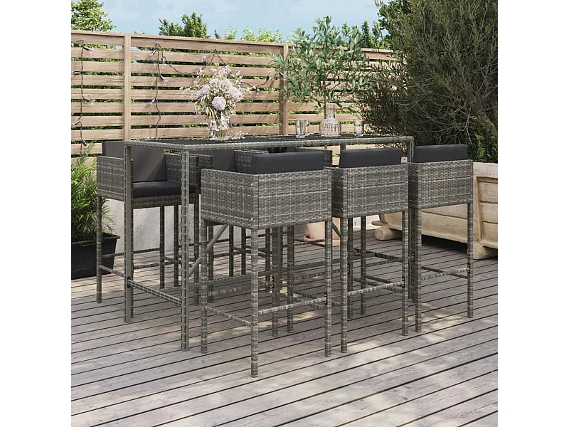 Ensemble de bar de jardin 7 pièces avec coussins gris poly rotin