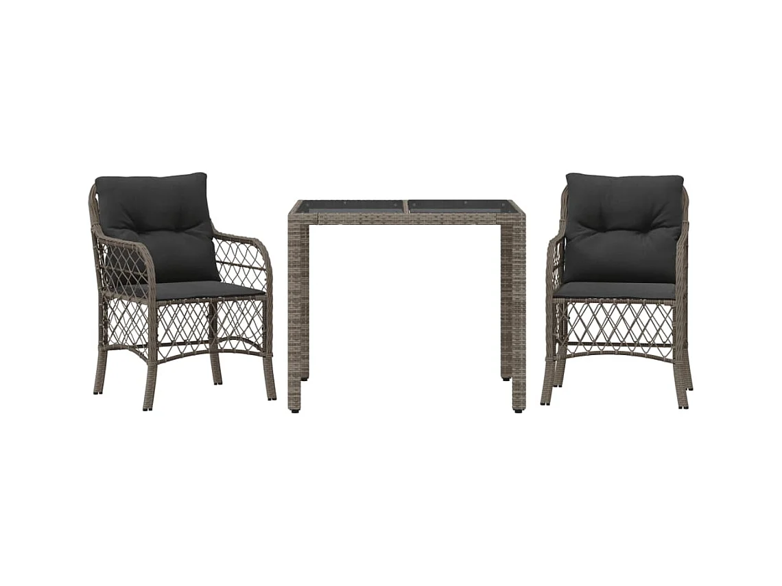 Ensemble de bistro 3 pièces avec coussins gris résine tressée