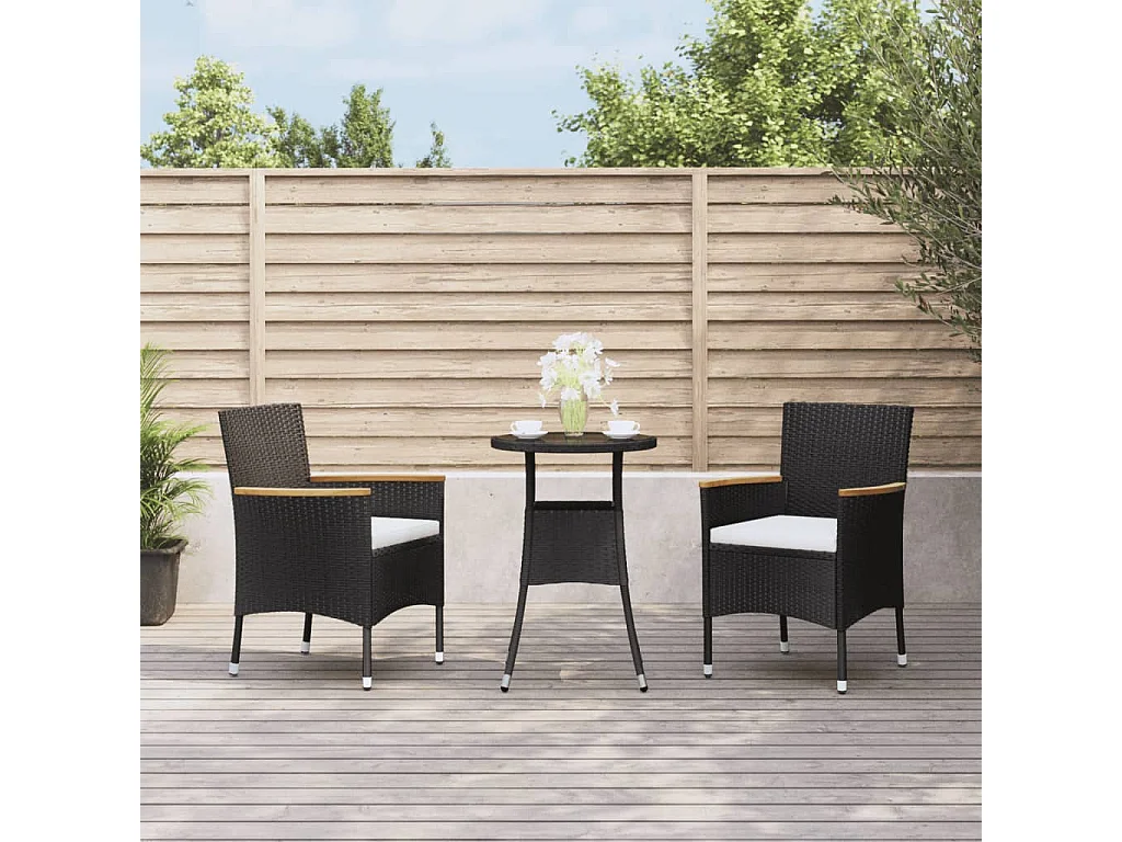 Ensemble de bistro de jardin 3 pièces coussins noir poly rotin