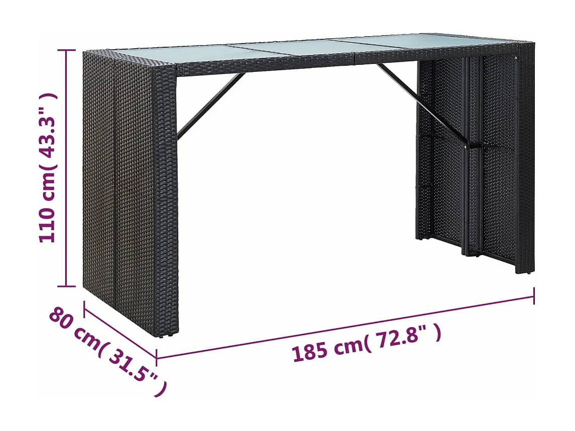 7 peças conjunto bar para jardim c/ almofadões vime PE preto
