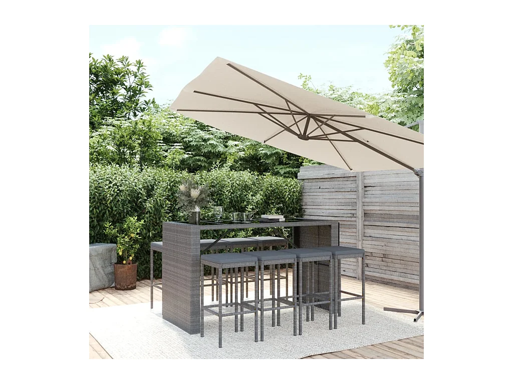 Ensemble de bar de jardin 9 pièces avec coussins gris poly rotin
