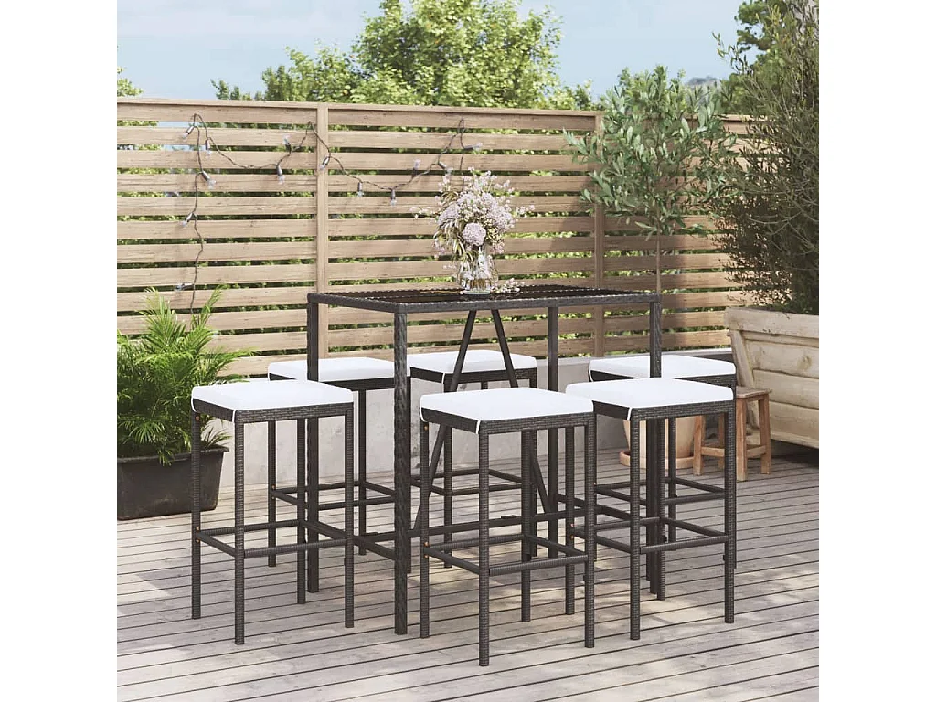 Ensemble de bar de jardin 7 pièces avec coussins noir poly rotin