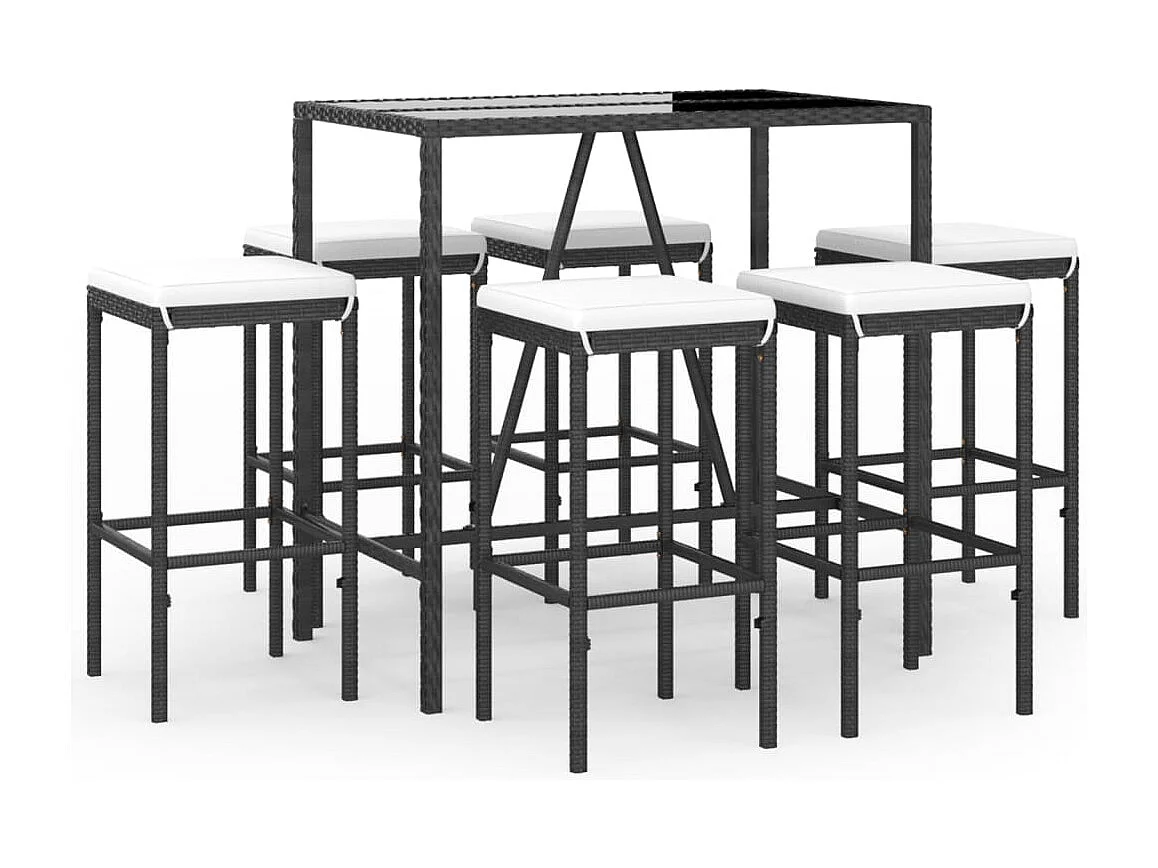 Mesa y taburetes altos jardín y cojines 7 piezas ratán PE negro