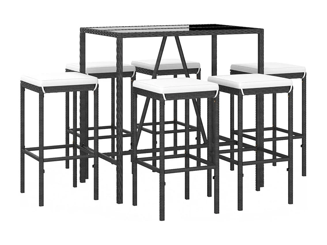 Mesa y taburetes altos jardín y cojines 7 piezas ratán PE negro