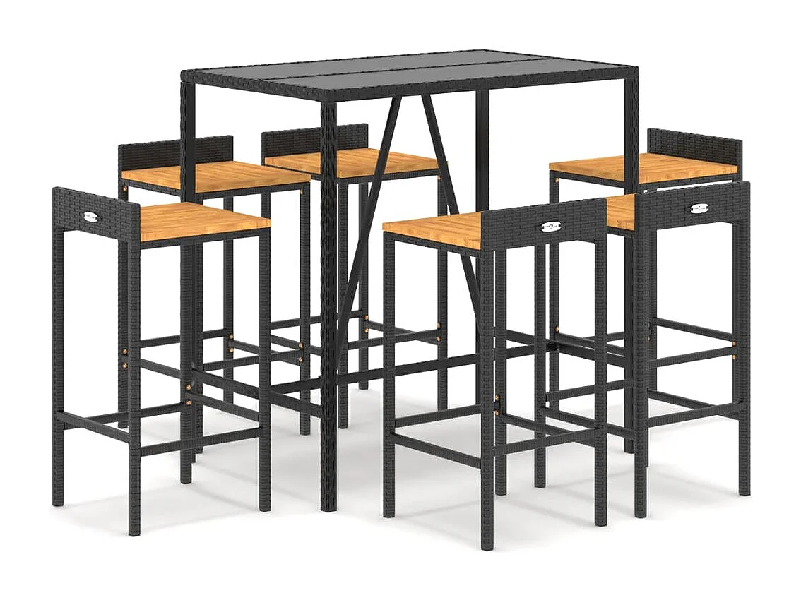 Ensemble de bar jardin 7 pièces noir poly rotin/bois massif acacia