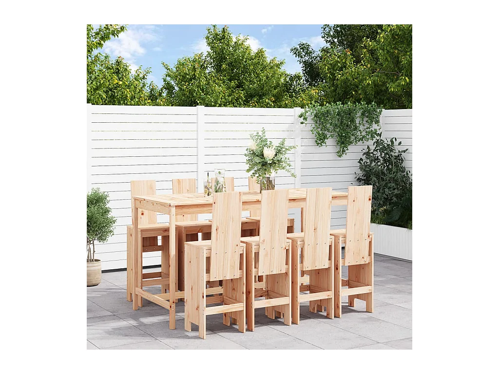 Set de mesa y taburetes altos jardín 9 piezas madera maciza pino