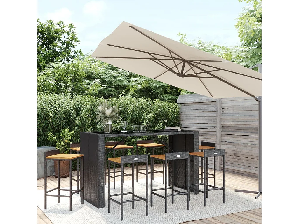 9 peças conjunto de bar p/ jardim vime PE/acácia maciça preto