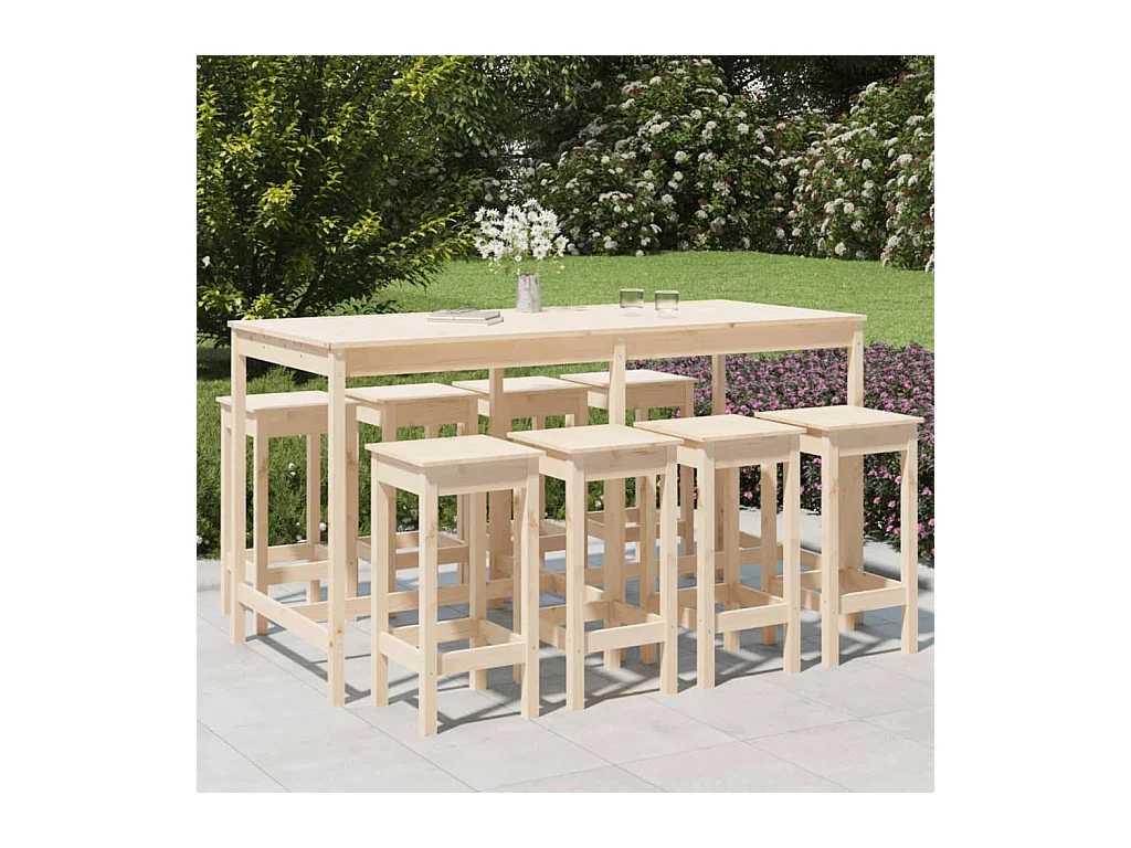 Mesa y taburetes altos jardín 9 piezas madera maciza de pino