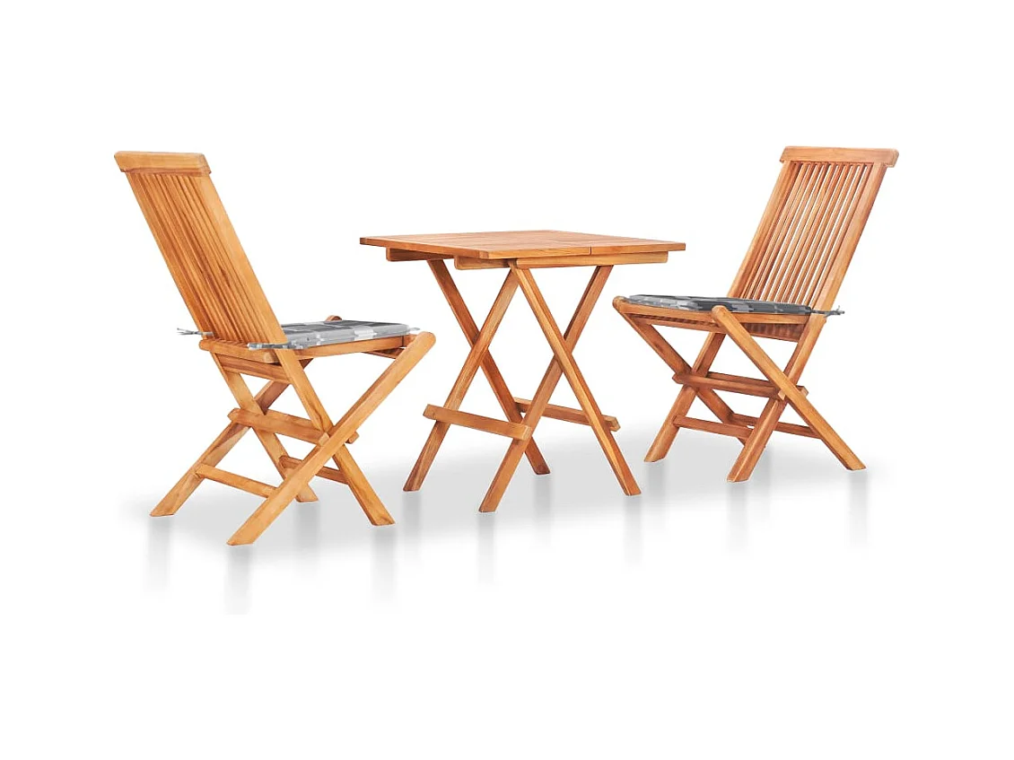 Set de bistró 3 piezas madera de teca y cojines a cuadros gris