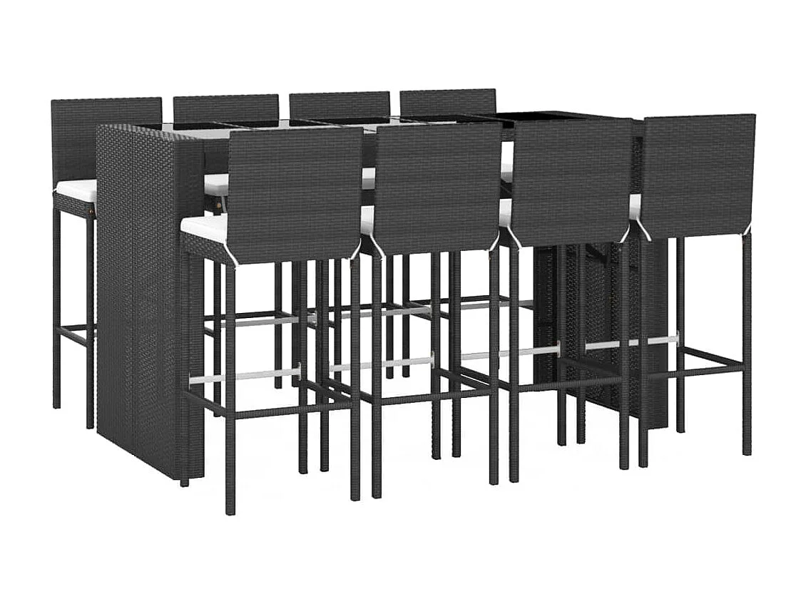 9 peças conjunto de bar para jardim c/ almofadões vime PE preto