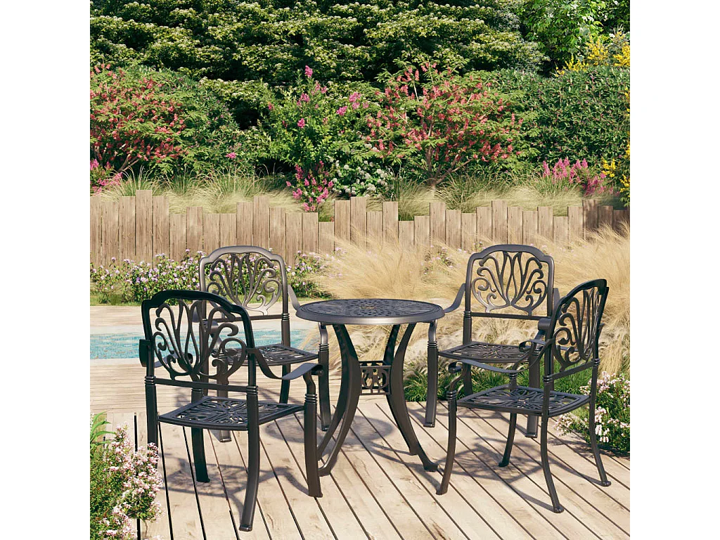 Mesa y sillas de bistró 5 piezas aluminio fundido negro