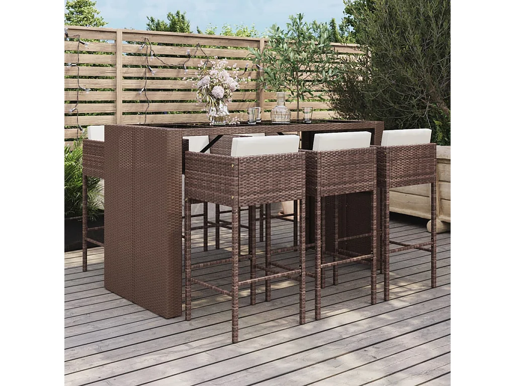 Ensemble de bar de jardin avec coussins 7 pièces marron poly rotin