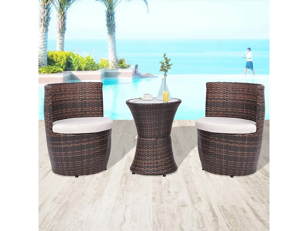 Mobilier de bistro 3 pièces avec coussins Résine tressée Marron