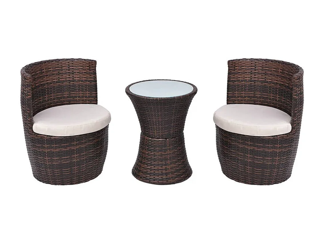 Mobilier de bistro 3 pièces avec coussins Résine tressée Marron