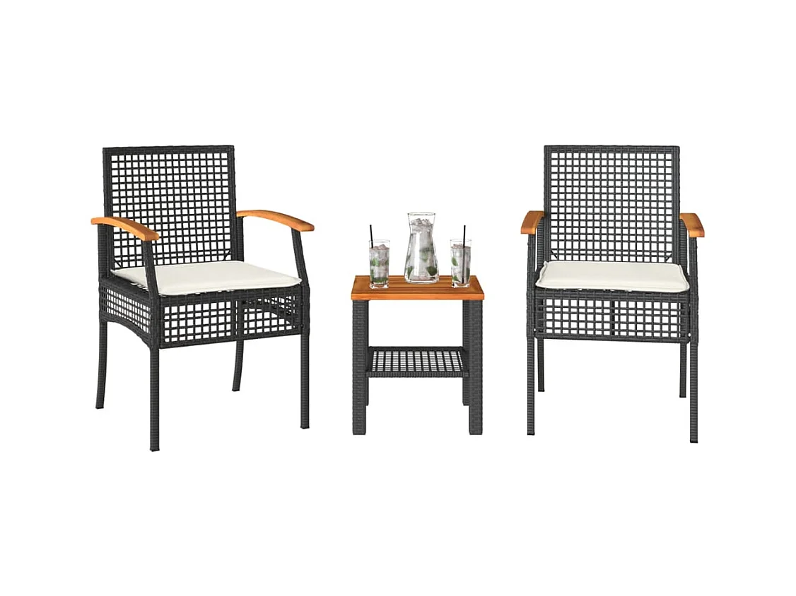 Conjunto de bistrô com almofadões 3 peças vime PE e acácia preto