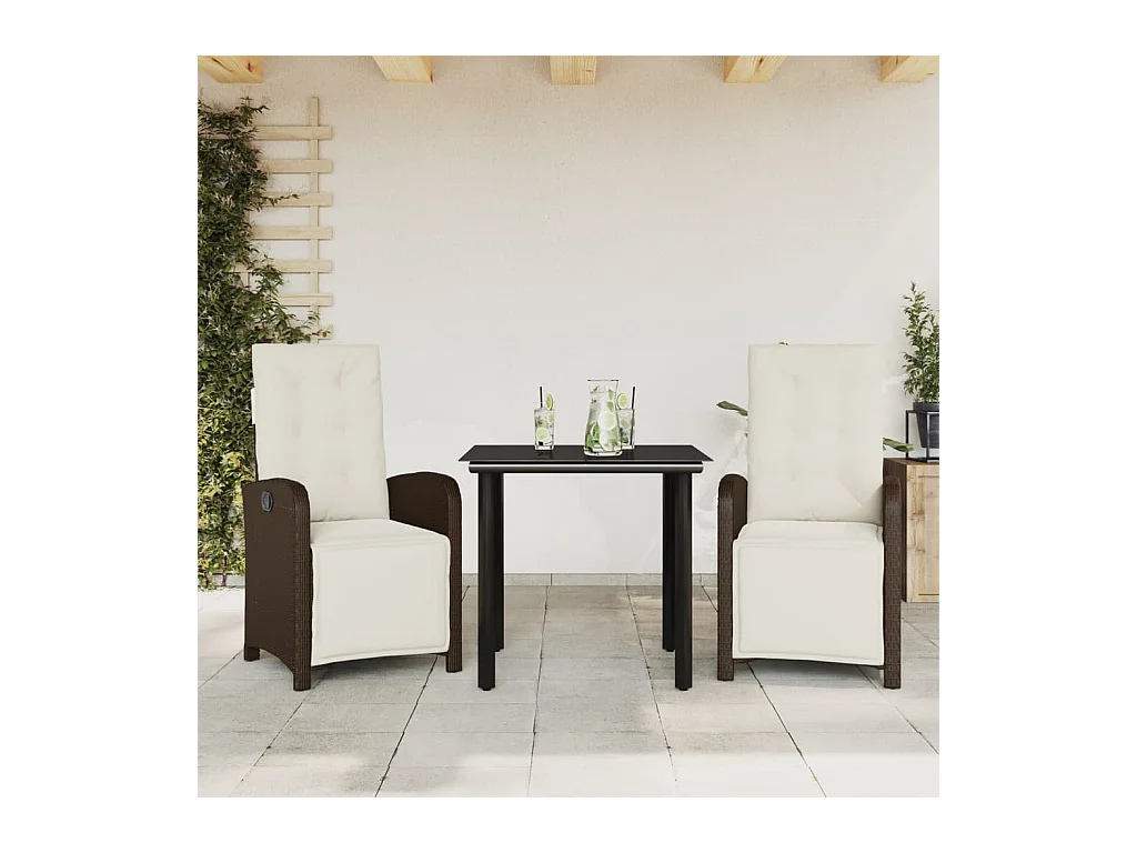 3 peças conjunto bistrô com almofadões vime PE castanho