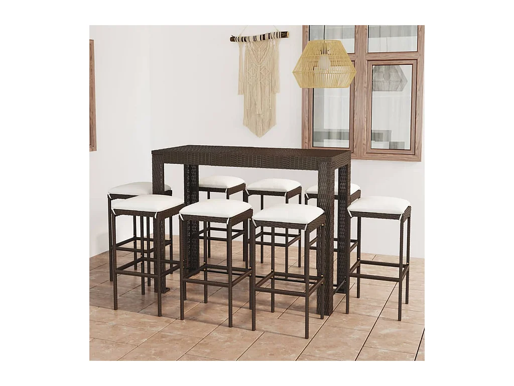 9 peças conjunto de bar p/ jardim com almofadões vime PE castanho