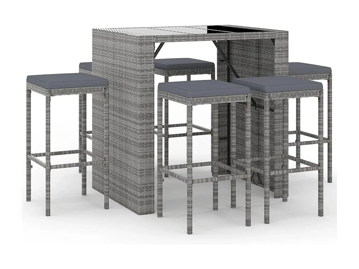 Ensemble de bar de jardin 7 pièces avec coussins gris poly rotin