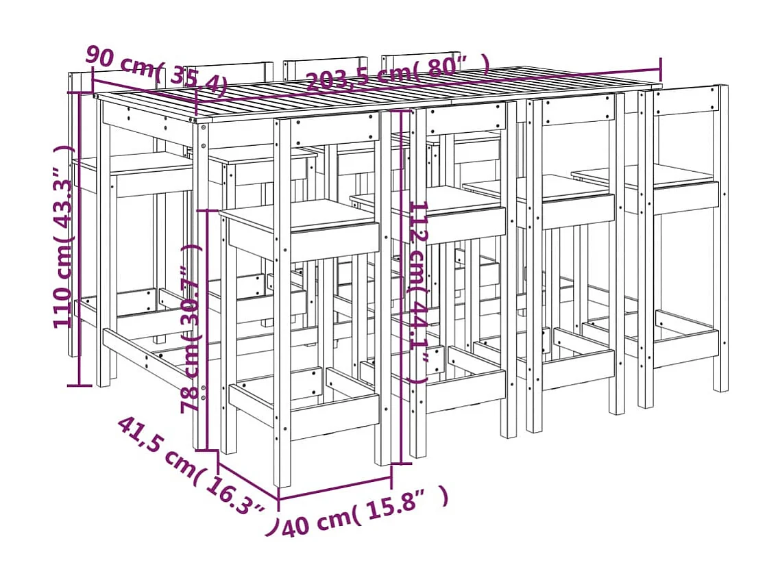 Ensemble de bar de jardin 9 pièces blanc bois de pin massif