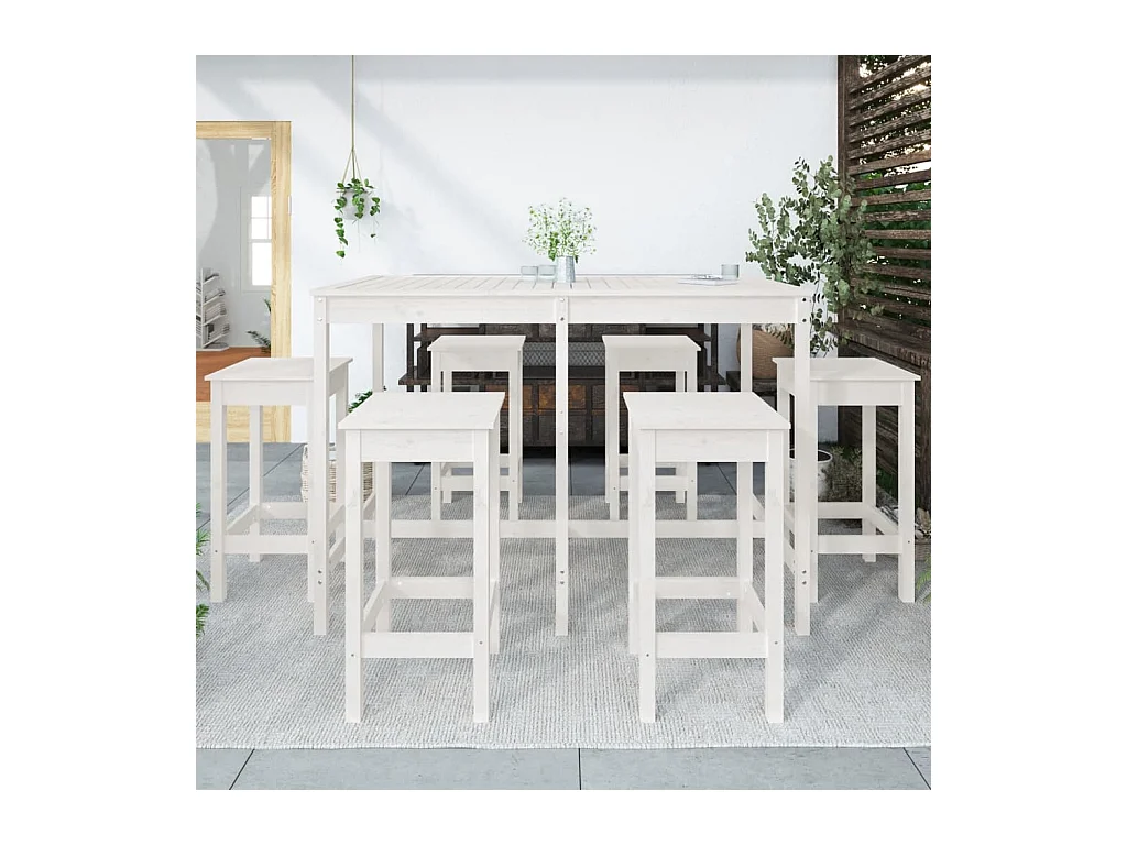 Set de mesa y taburetes altos jardín 7 piezas madera pino blanco