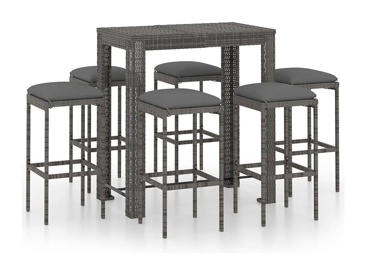 Ensemble de bar de jardin 7 pièces et coussins Résine tressée Gris