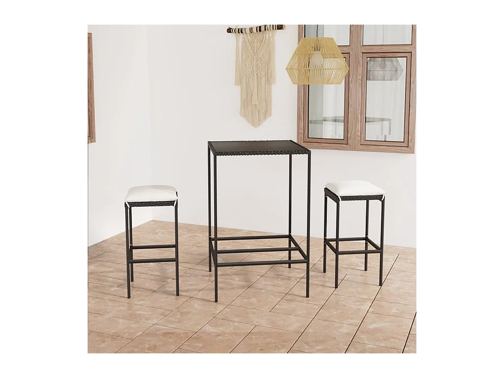 3 peças conjunto bar de jardim com almofadões vime PE preto
