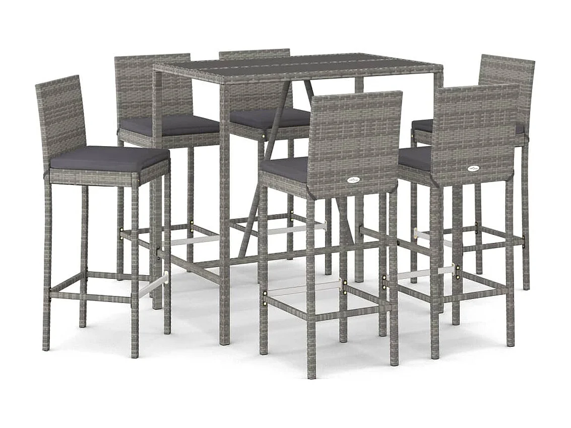 Ensemble de bar de jardin 7 pièces avec coussins gris poly rotin