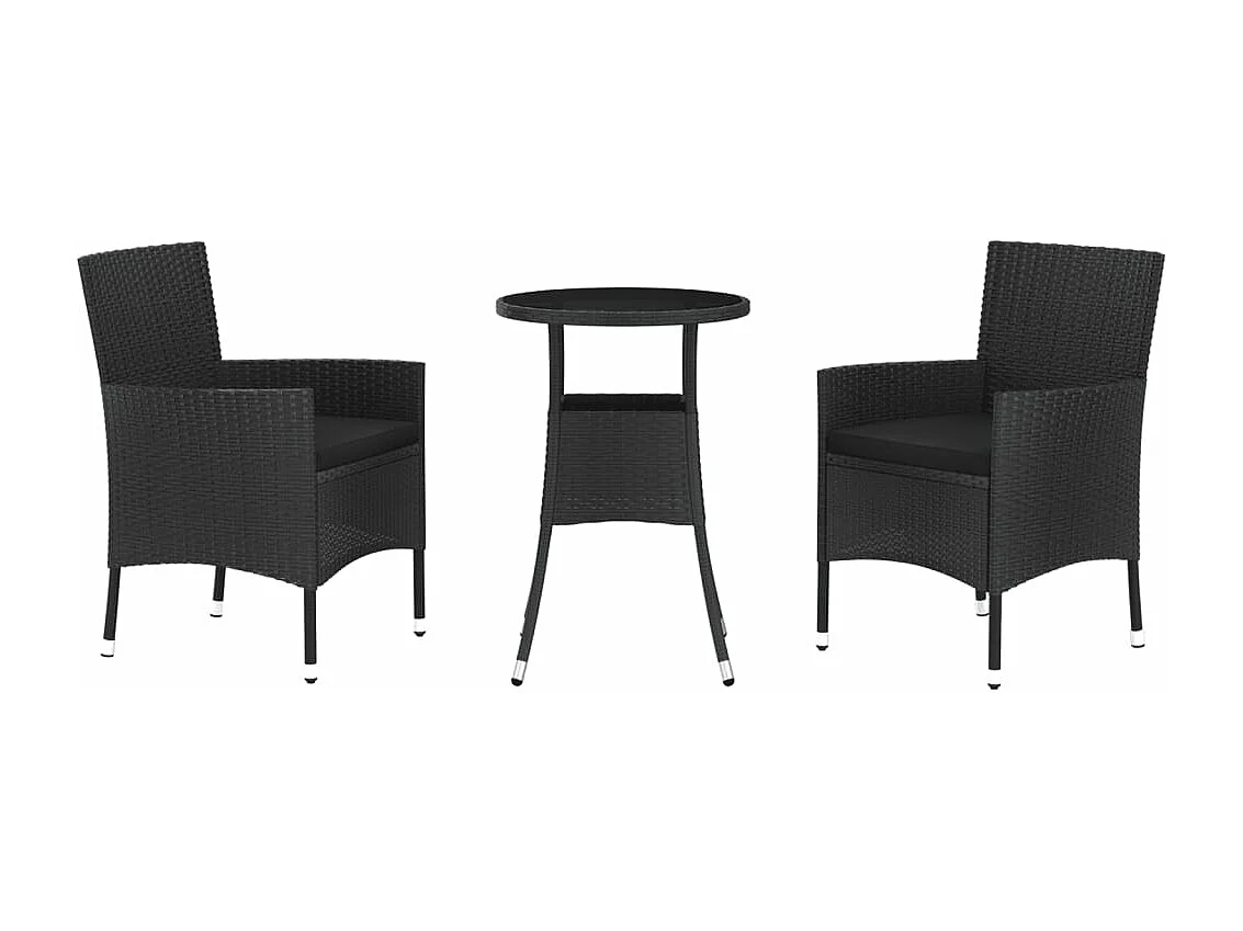 3 peças conjunto bistrô de jardim c/ almofadões vime PE preto