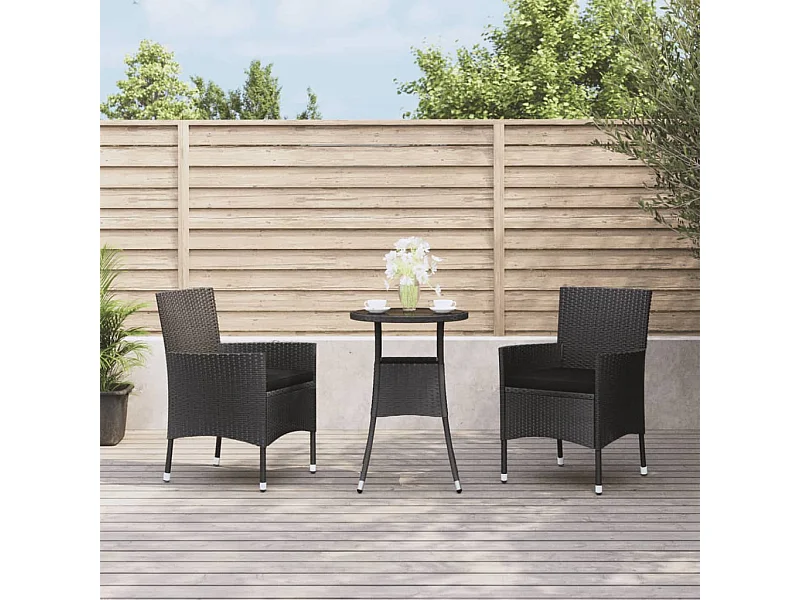 Ensemble de bistro de jardin 3 pièces coussins noir poly rotin