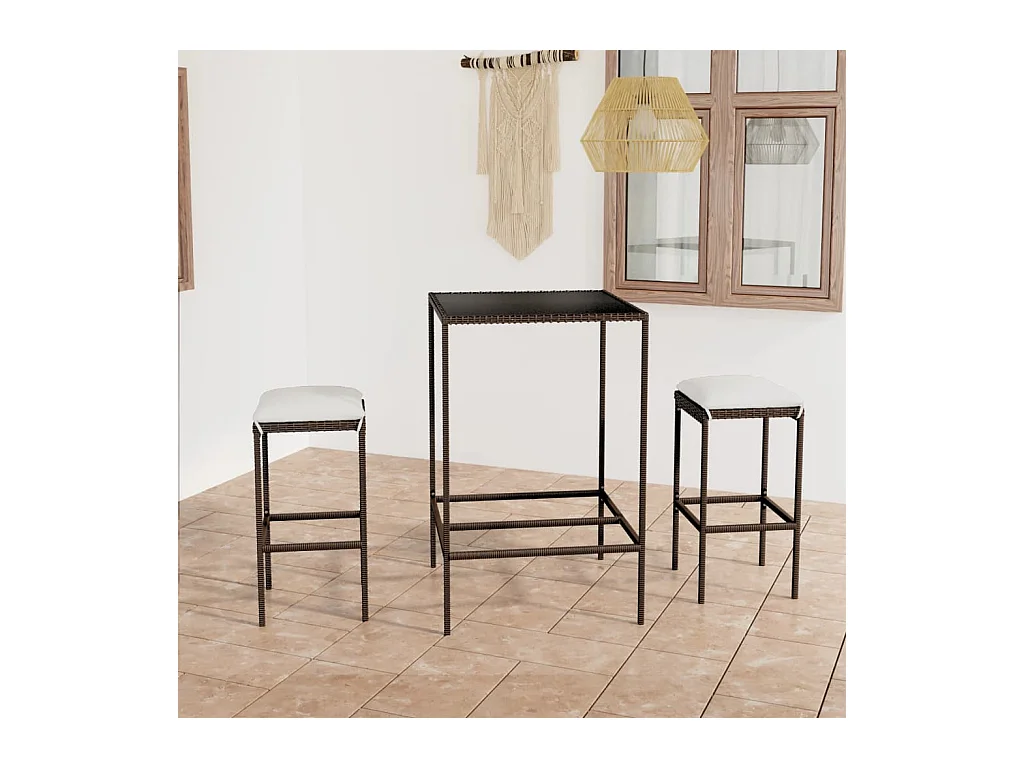Meuble de bar de jardin 3 pièces et coussins Résine tressée Marron