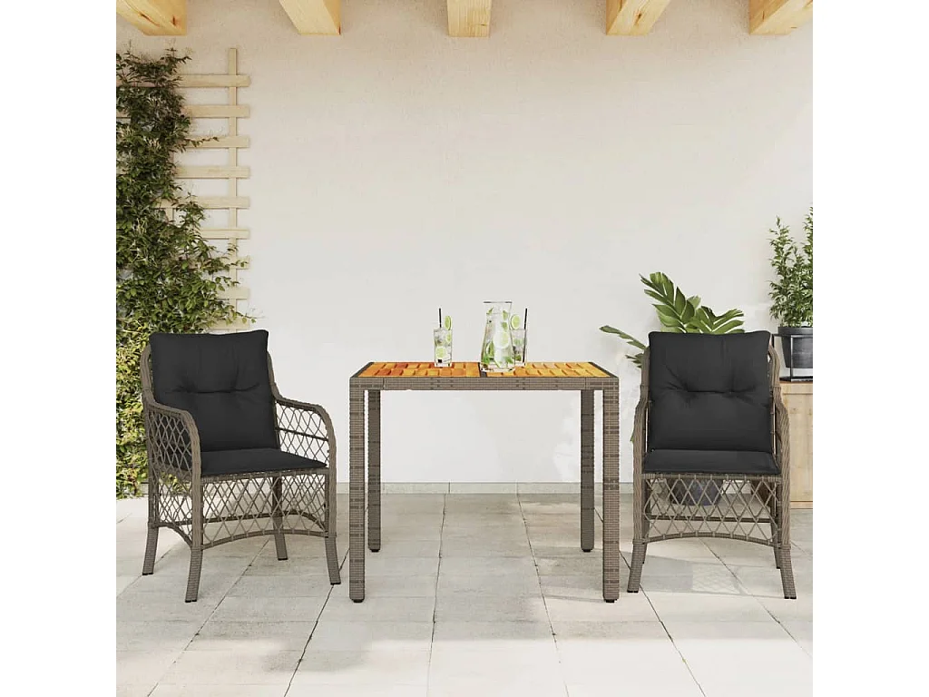 3 peças conjunto bistrô com almofadões vime PE cinza