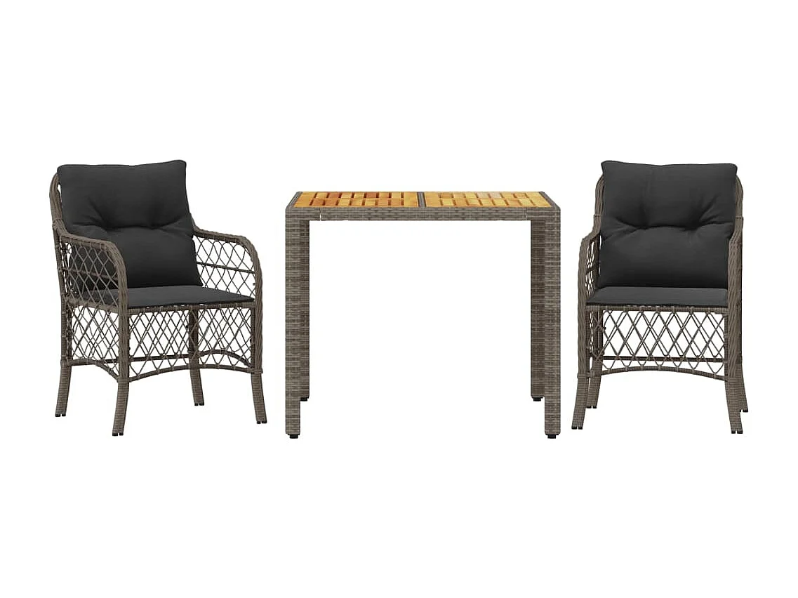 3 peças conjunto bistrô com almofadões vime PE cinza