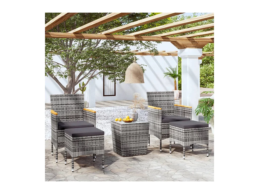 Mesa sillas jardín 5 piezas ratán sintético vidrio templado gris