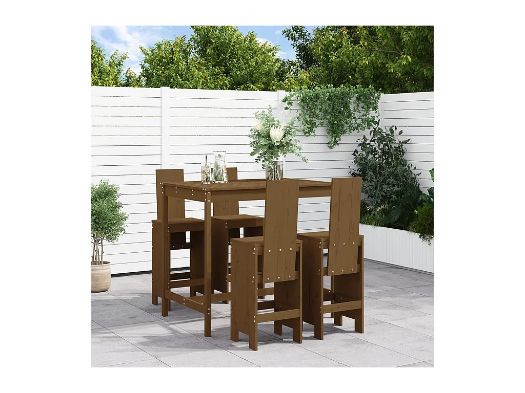 Mesa y taburetes altos de jardín 5 piezas madera pino marrón miel