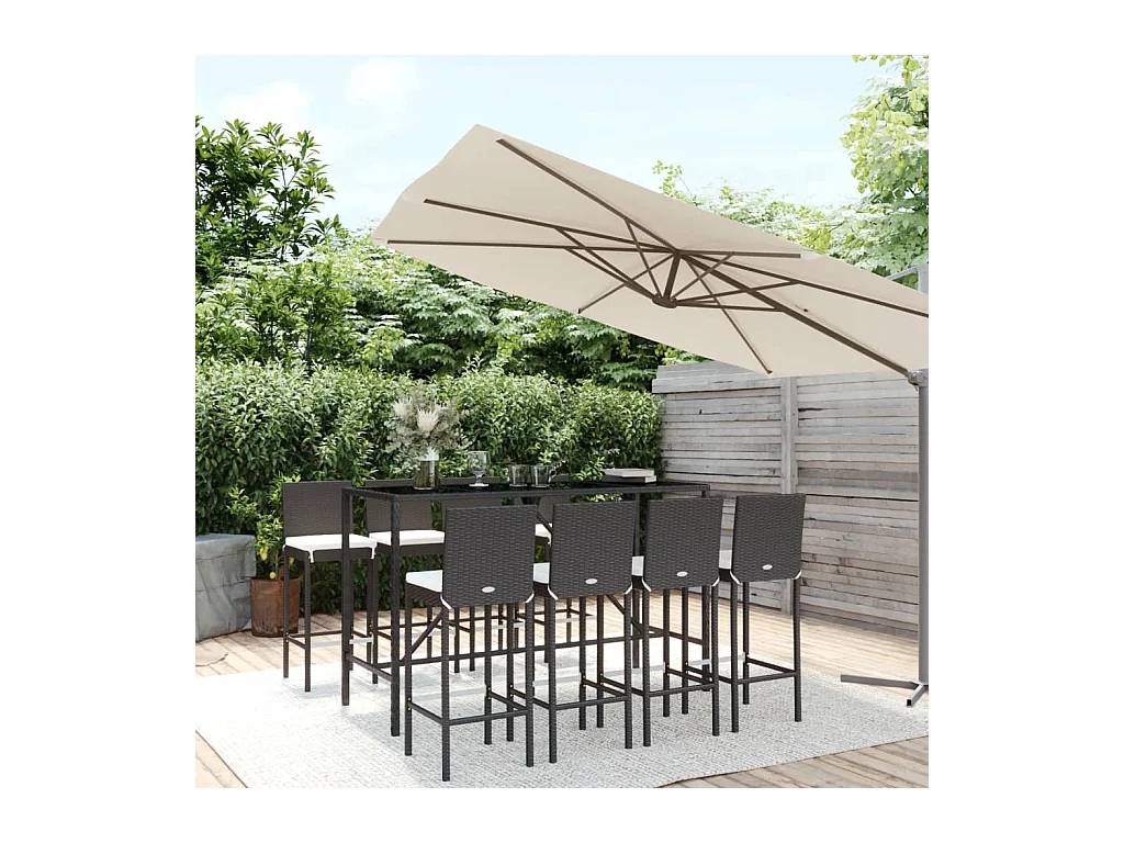 Ensemble de bar de jardin 9 pièces avec coussins noir poly rotin
