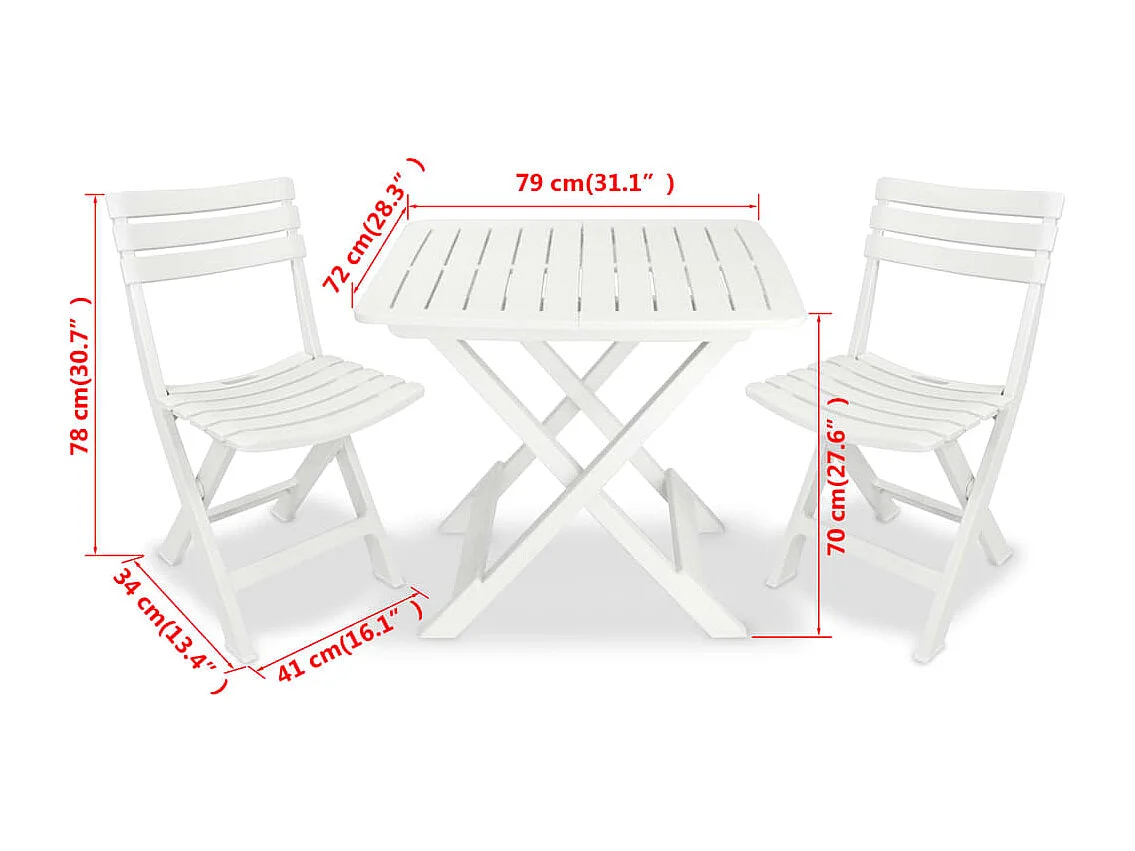 Mesa y sillas bistró de jardín plegables 3 piezas plástico blanco