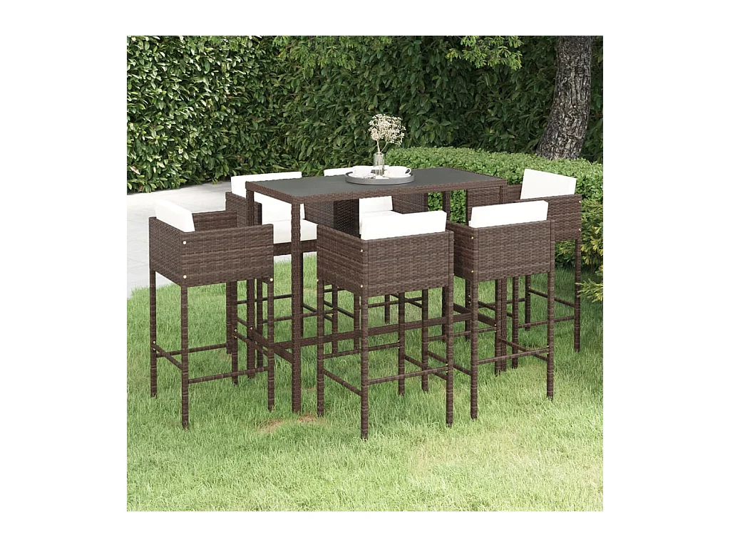 Meubles de bar de jardin 7 pièces et coussins Résine tressée Marron