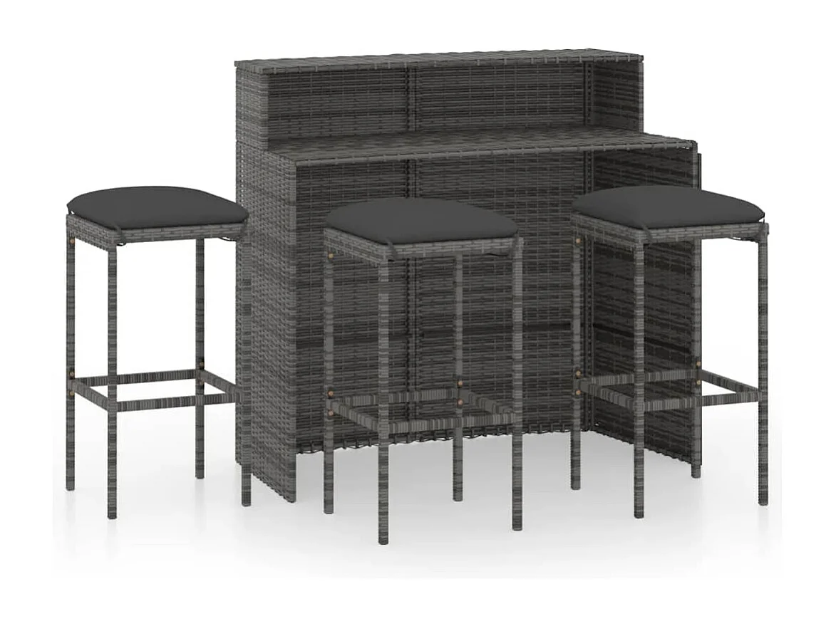 Juego muebles de bar para jardín 4 piezas y cojines gris
