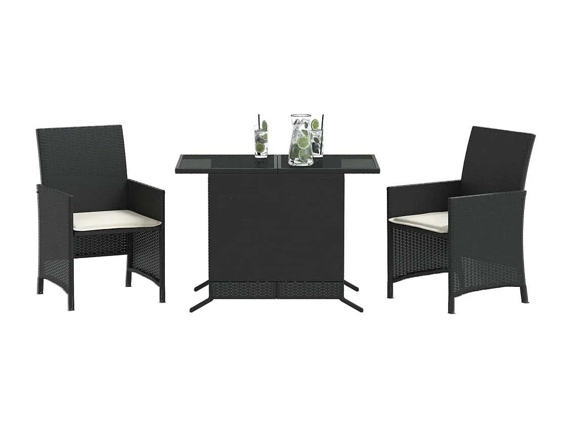 3 peças conjunto de bistrô com almofadões vime PE preto