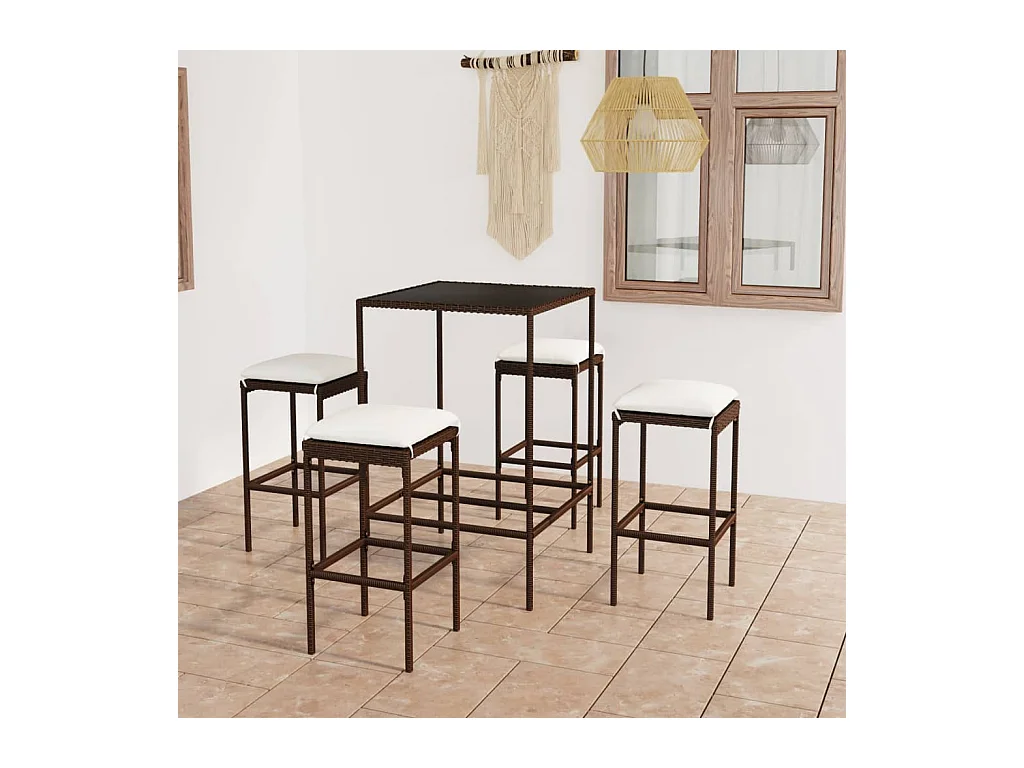 Meuble de bar de jardin 5 pièces et coussins Résine tressée Marron