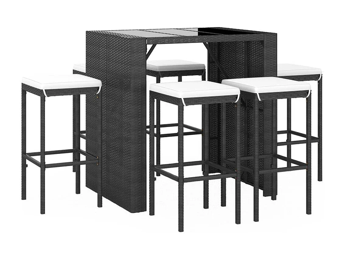 7 peças conjunto de bar para jardim c/ almofadões vime PE preto