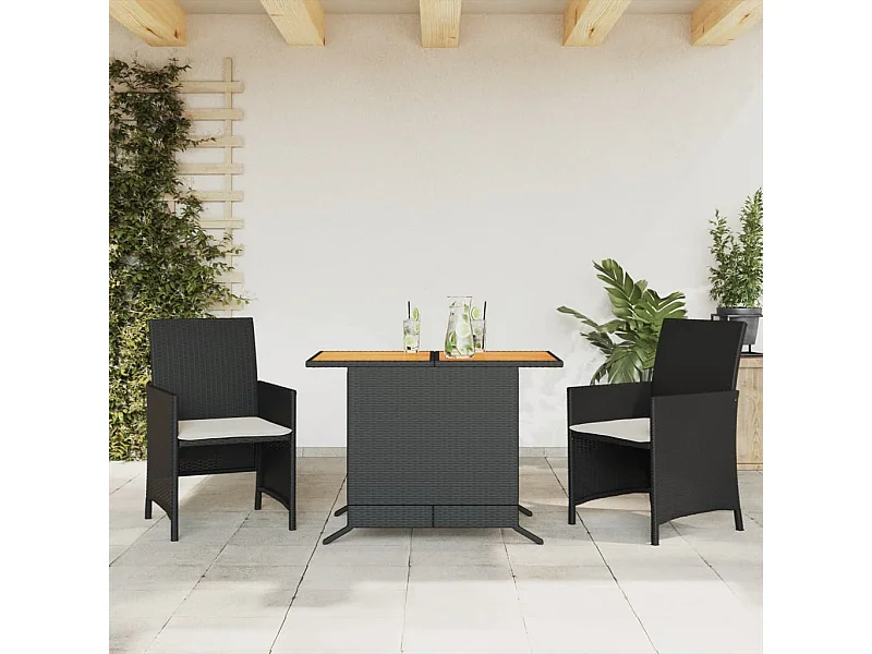 3 peças conjunto de bistrô com almofadões vime PE preto