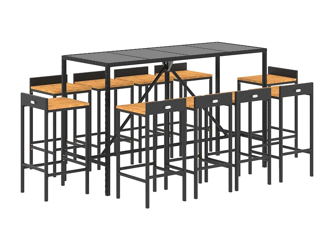 Mesa y taburetes altos jardín 11 piezas madera y ratán PE negro