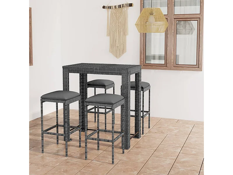 Set muebles bar jardín 5 piezas y cojines ratán sintético gris