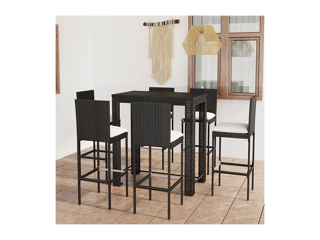 Ensemble de bar de jardin 7 pièces et coussins Résine tressée Noir